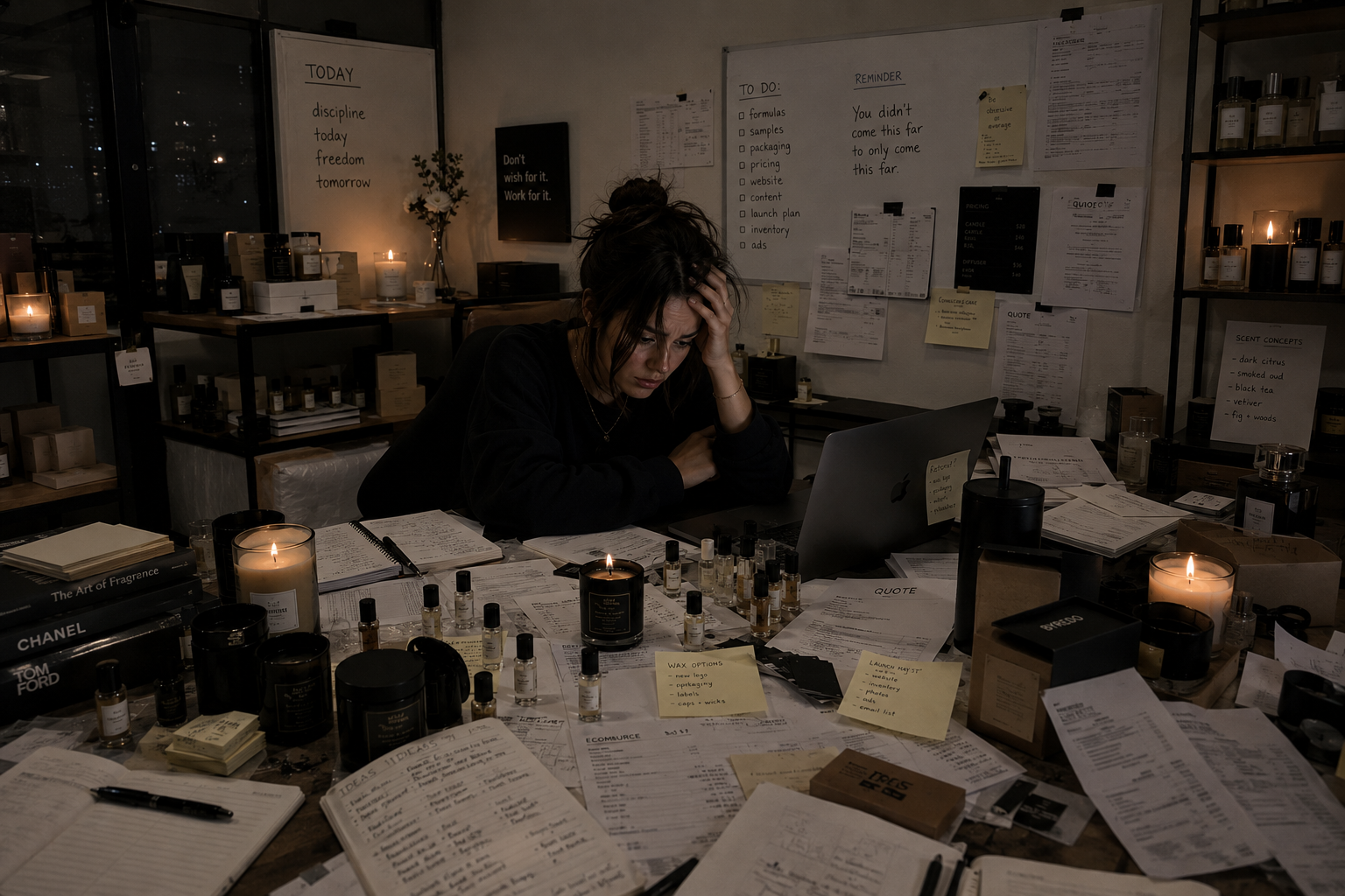 A founder at their desk surrounded by samples and quotes
